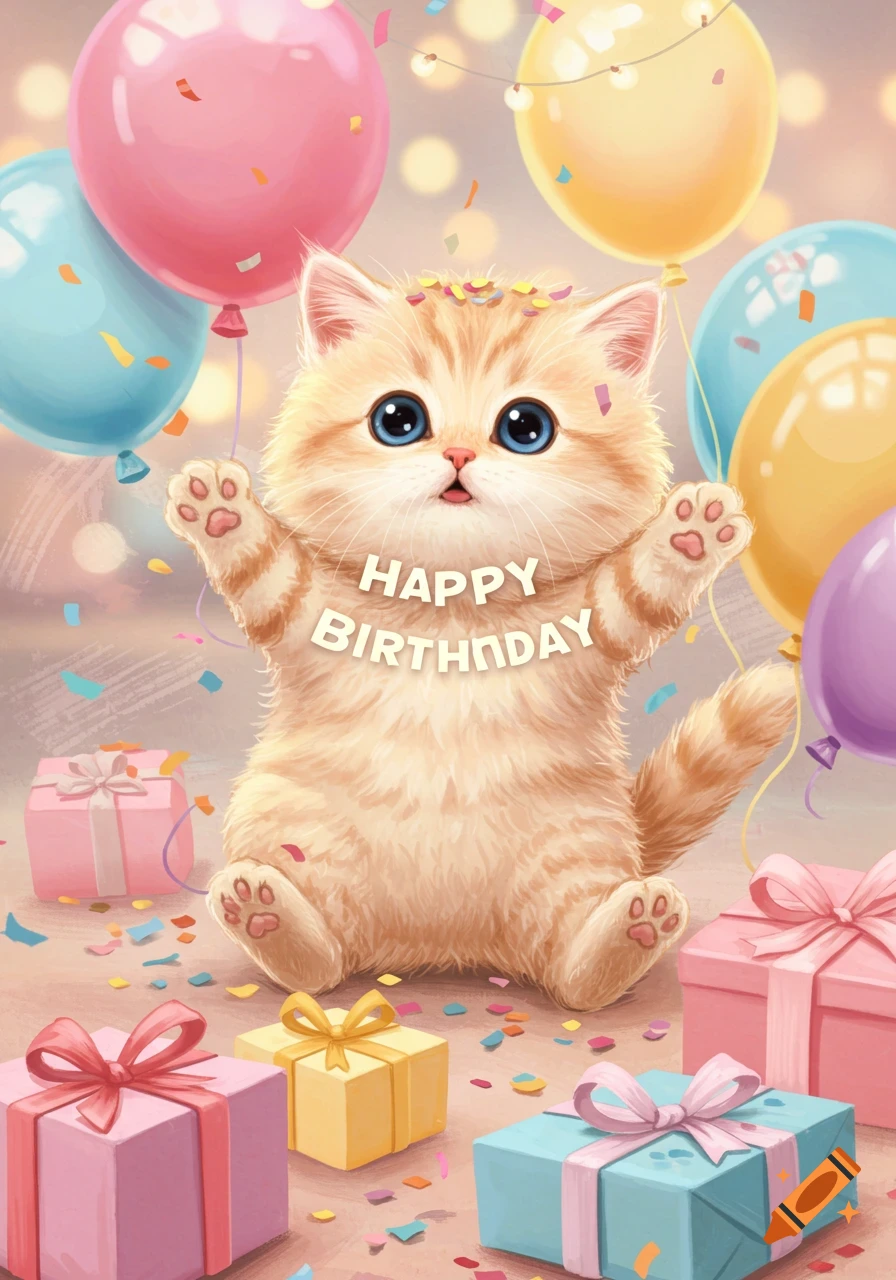 A fluffy orange kitten sits surrounded by colorful balloons and presents, with "HAPPY BIRTHDAY" written on its chest.