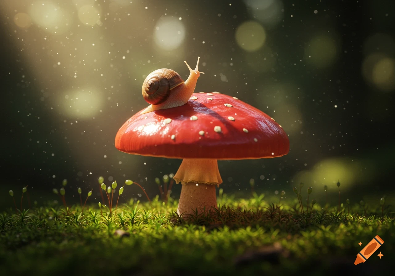 A close-up, photorealistic image of a small snail on top of a red mushroom with white spots, surrounded by moss and glowing light particles.