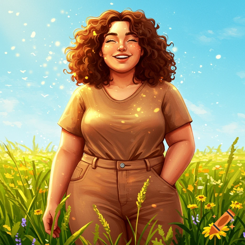 Illustration of a smiling woman with curly hair standing in a sunny, green field with yellow and purple flowers.