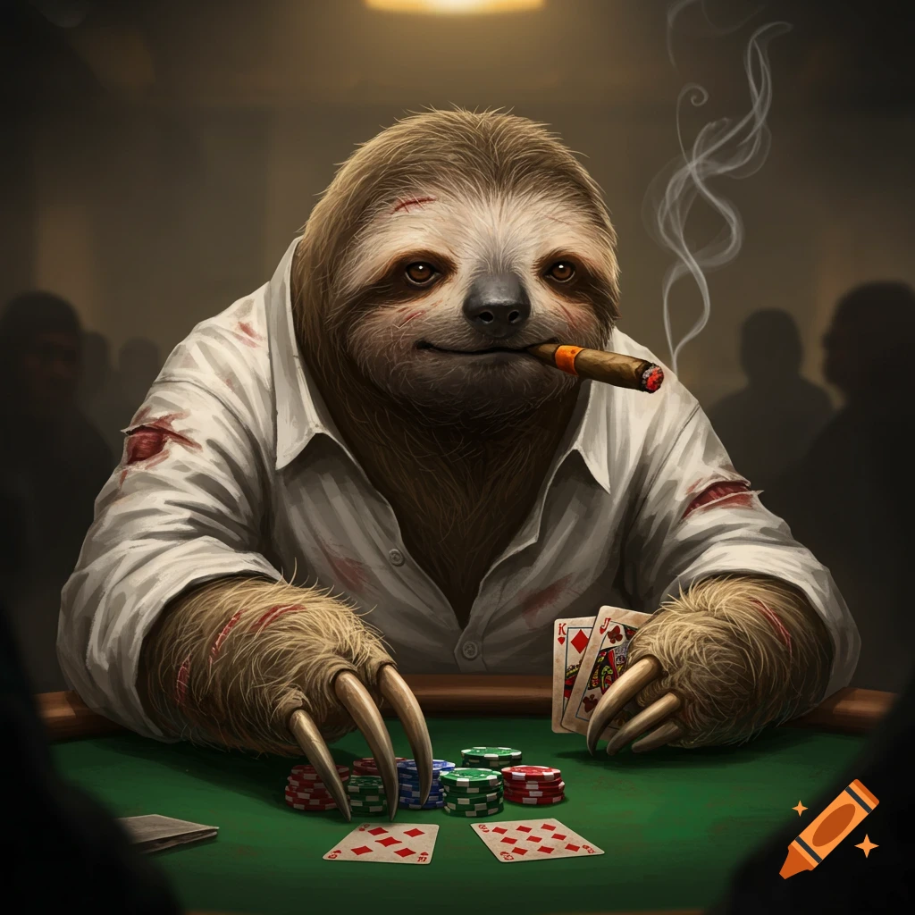 A photorealistic sloth with scars plays poker, holding cards and smoking a lit cigar, surrounded by poker chips on a green felt table.