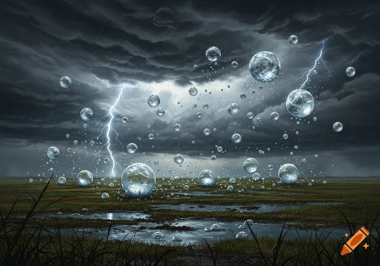 A stormy landscape with dark clouds, lightning, and large, glistening water spheres falling over a flooded, grassy field.