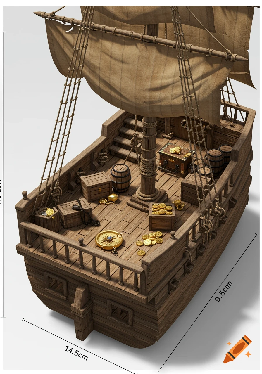 Detailed pirate ship diorama with a wooden deck, treasure chests, gold coins, barrels, and a compass, against a white background.