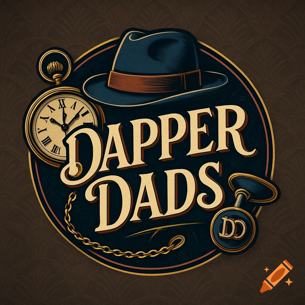 Vintage circular logo with 'Dapper Dads' text, a fedora, pocket watch, and cufflink on a dark background.