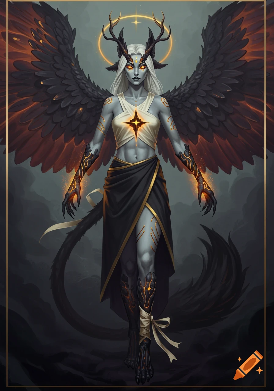 A grey-skinned fantasy figure with black wings, antlers, and glowing hands and chest stands against a dark background.