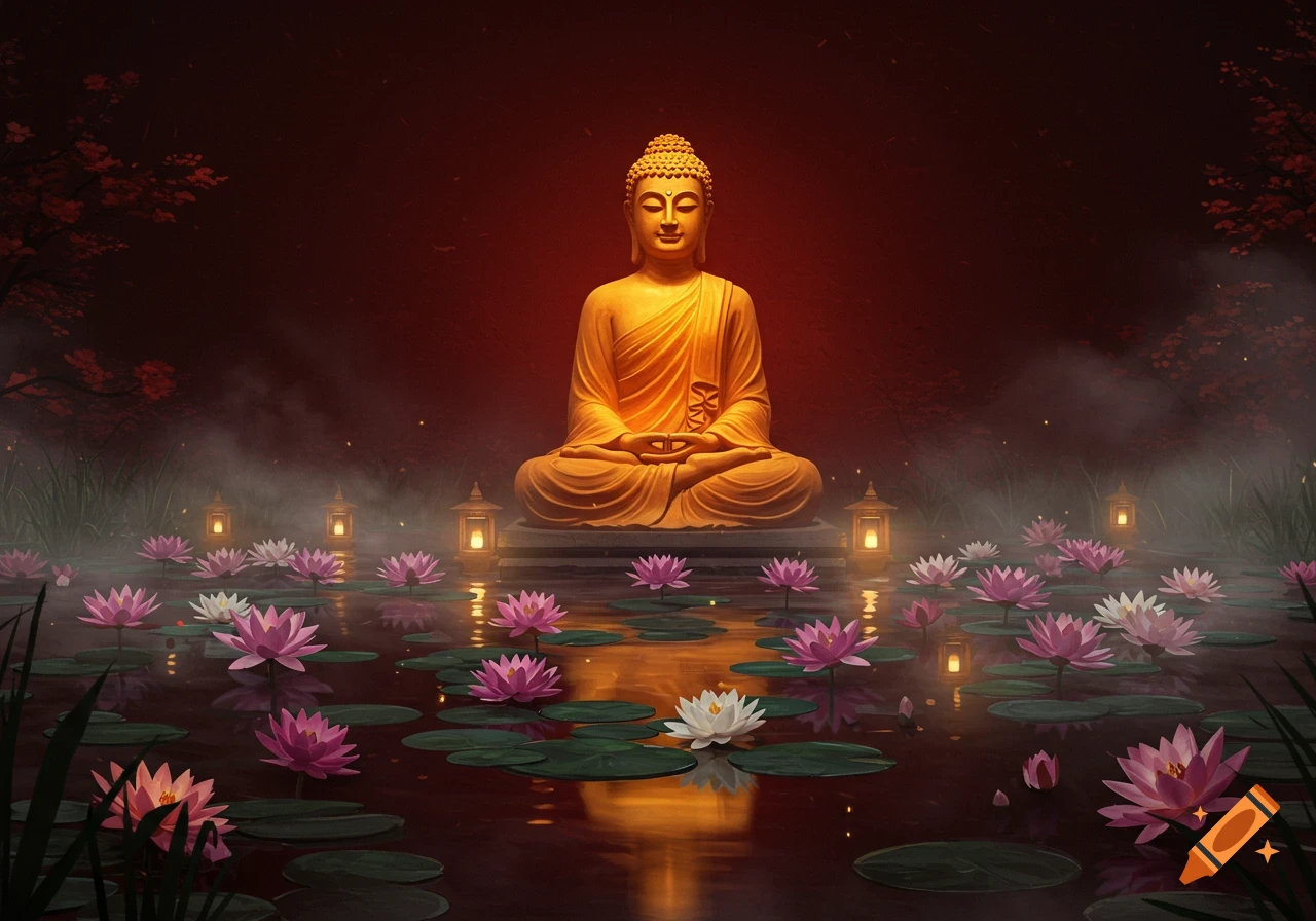 Golden Buddha statue meditating in a serene pond with pink and white lotus flowers, glowing lanterns, and a misty dark red background.