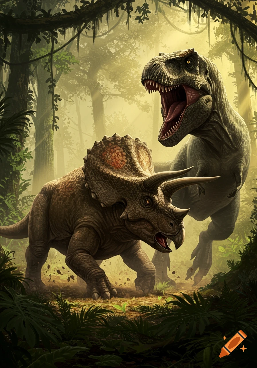 A photorealistic illustration of a Triceratops and a T-Rex engaged in a fierce fight within a dense jungle.