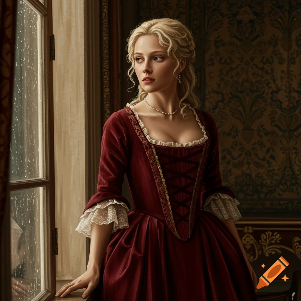 A blonde woman in a red historical dress looks out a window in a detailed indoor setting.