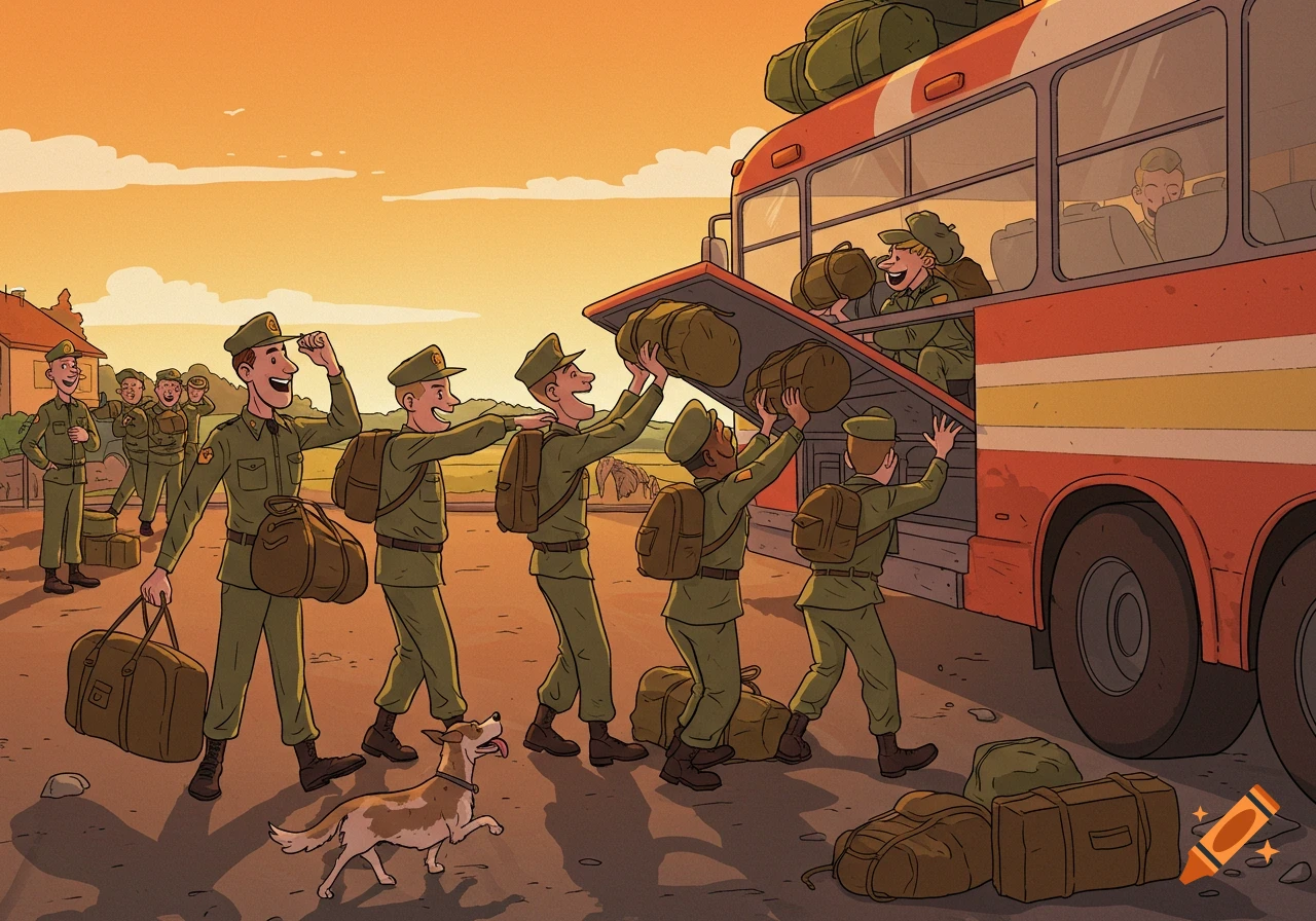 Cartoon military recruits load their large duffel bags into the side storage compartment of a red and yellow bus at sunset.