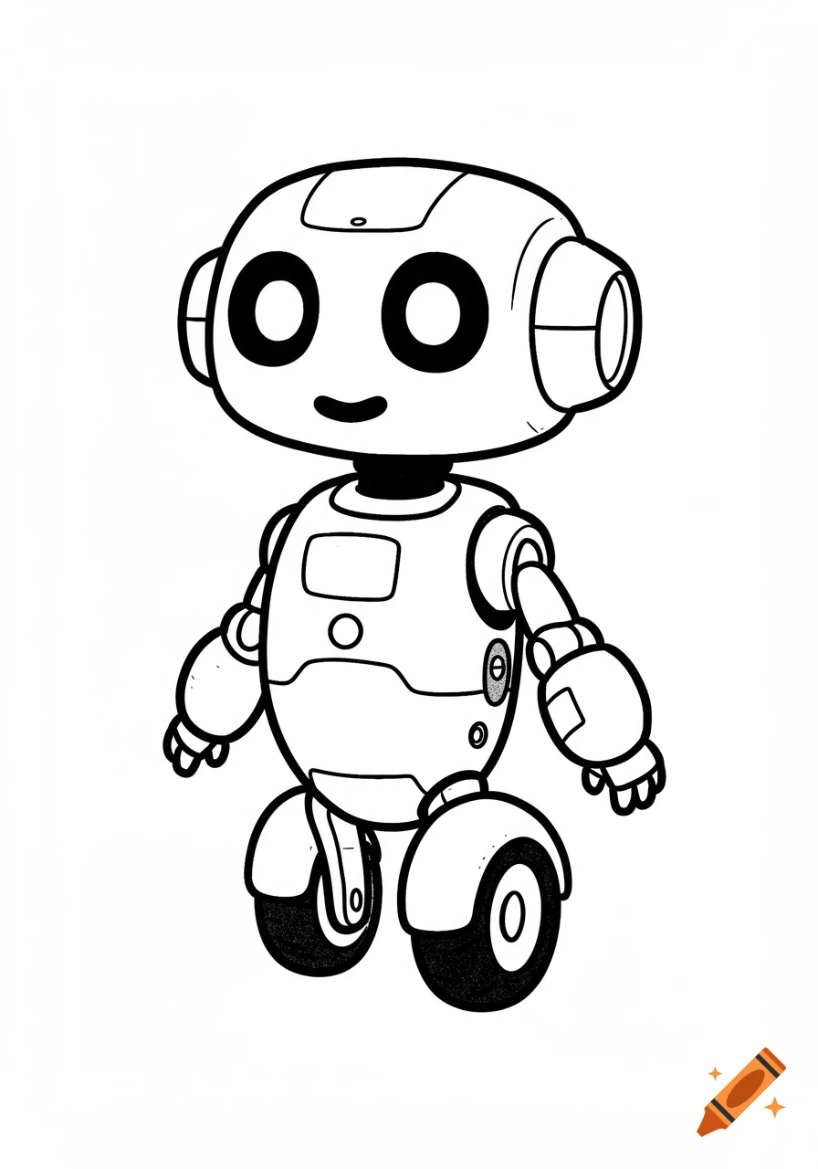 A child-friendly cartoon robot in black and white, simple lines, suitable for a coloring page.