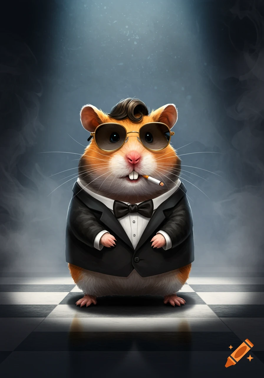 A cartoon illustration of a cute hamster wearing a tuxedo, sunglasses, and holding a cigarette in its mouth, standing on a checkered floor.