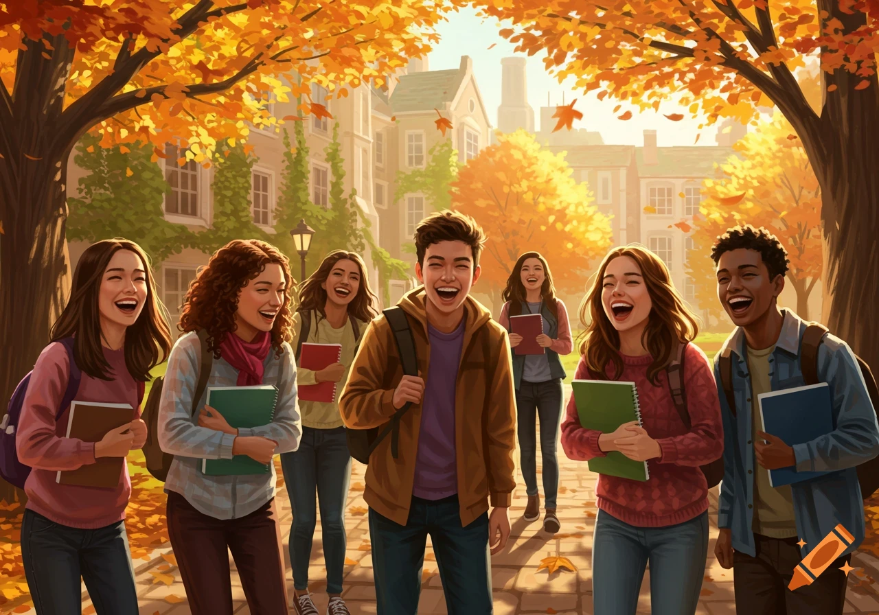A diverse group of happy college students laughing and walking on a tree-lined campus path during autumn, with colorful fall foliage.