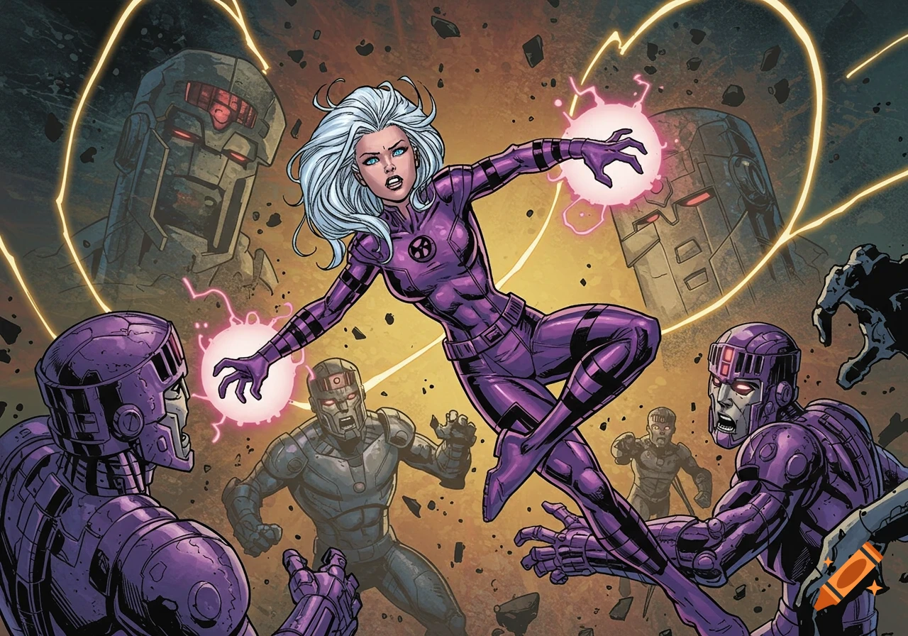 A white-haired female superhero in a purple suit floats mid-air, casting pink energy blasts at several large purple and grey robots (Sentinels) in a dynamic comic book style.