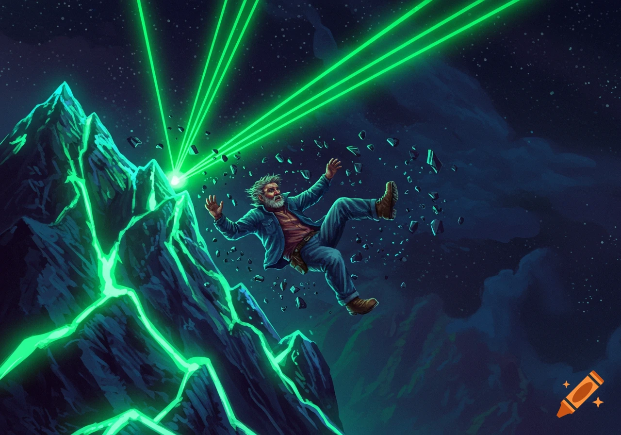 An illustrated man with a beard falling through glowing green mountains as bright green lasers strike, surrounded by flying debris under a starry sky.