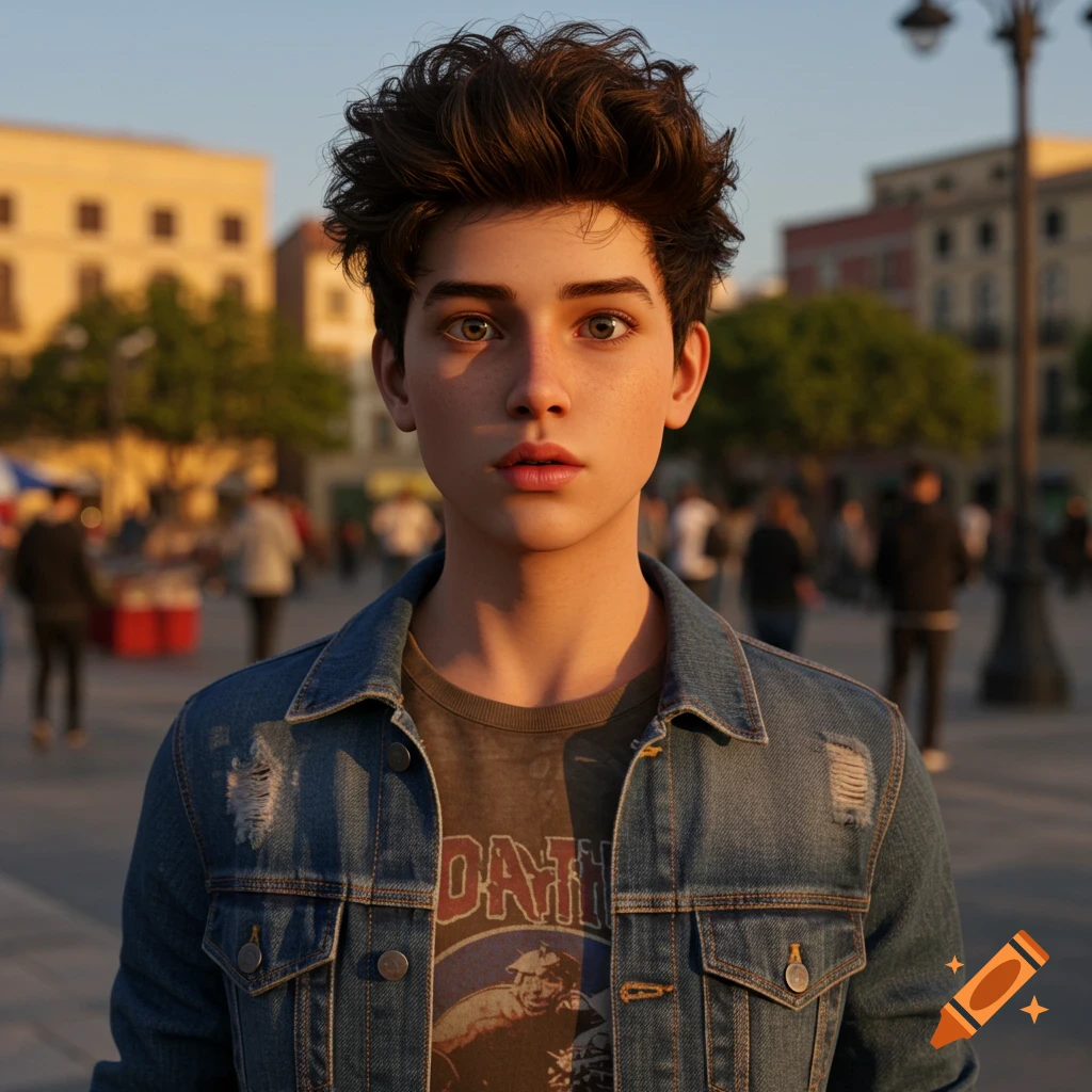 Photorealistic portrait of a young man with messy brown hair, wearing a denim jacket and a graphic t-shirt, standing outdoors in a city square at sunset.