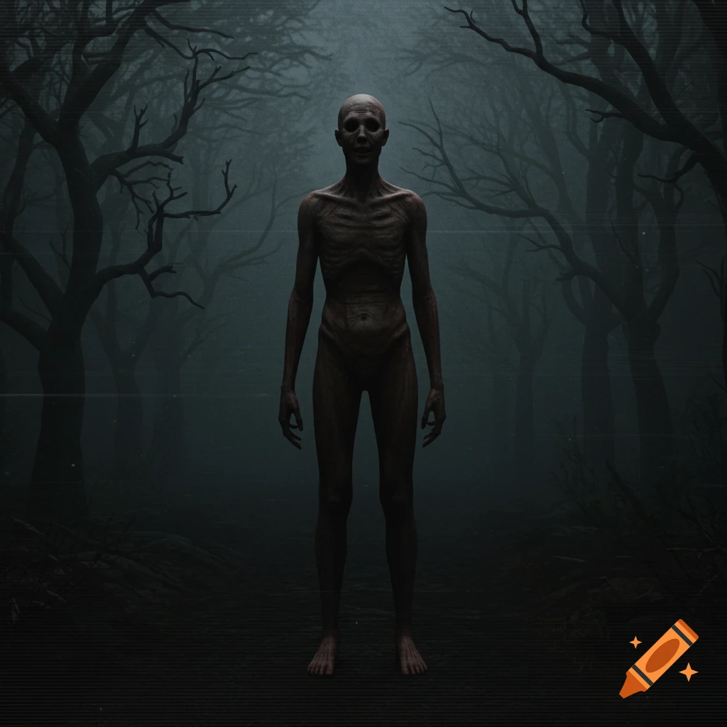 A gaunt, pale, humanoid creature with hollow eyes and a wide smile stands in a dark, misty forest, rendered with a bad VHS quality effect.