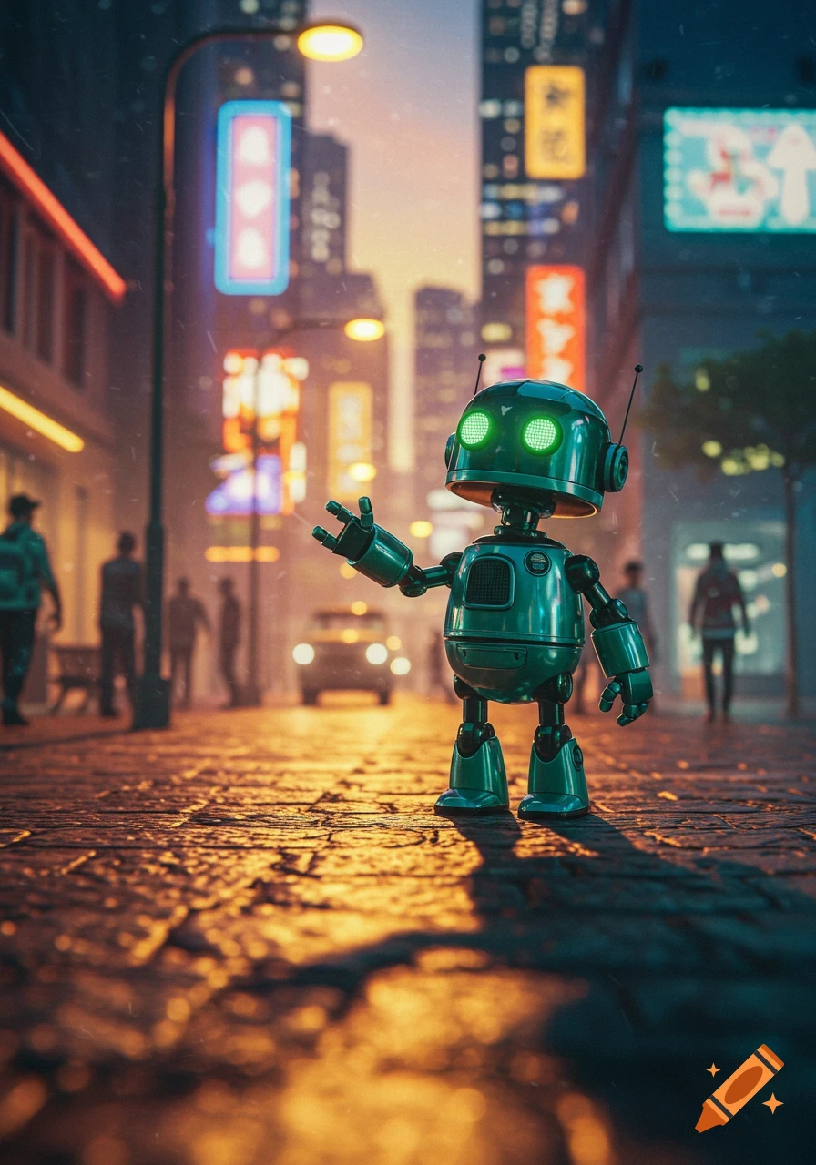 A teal robot with glowing green eyes stands on a wet, illuminated city street at dusk, with blurred cars and neon signs in the background.
