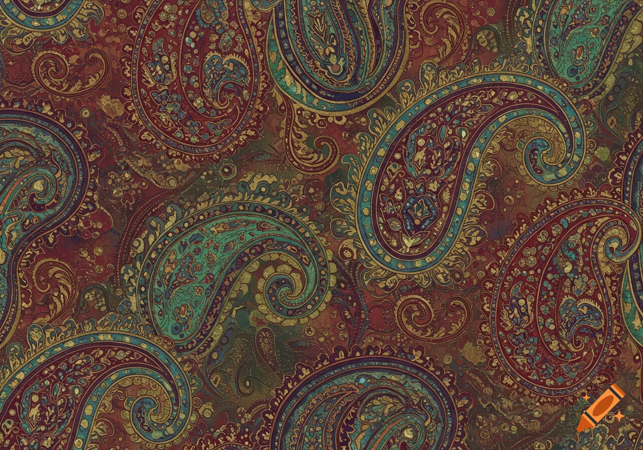 An intricate and ornate paisley pattern in shades of deep red, teal, and gold.