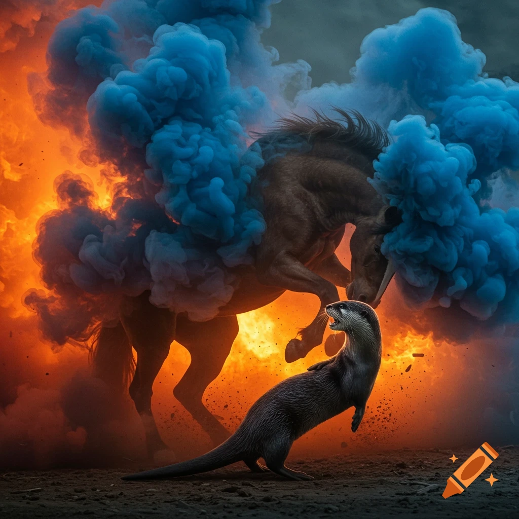An otter and a horse face each other amidst billowing orange fire and blue smoke.