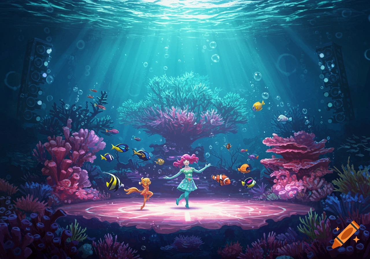 A colorful cartoon underwater scene with a mermaid and fish-like creature on a lit stage, surrounded by fish and coral.