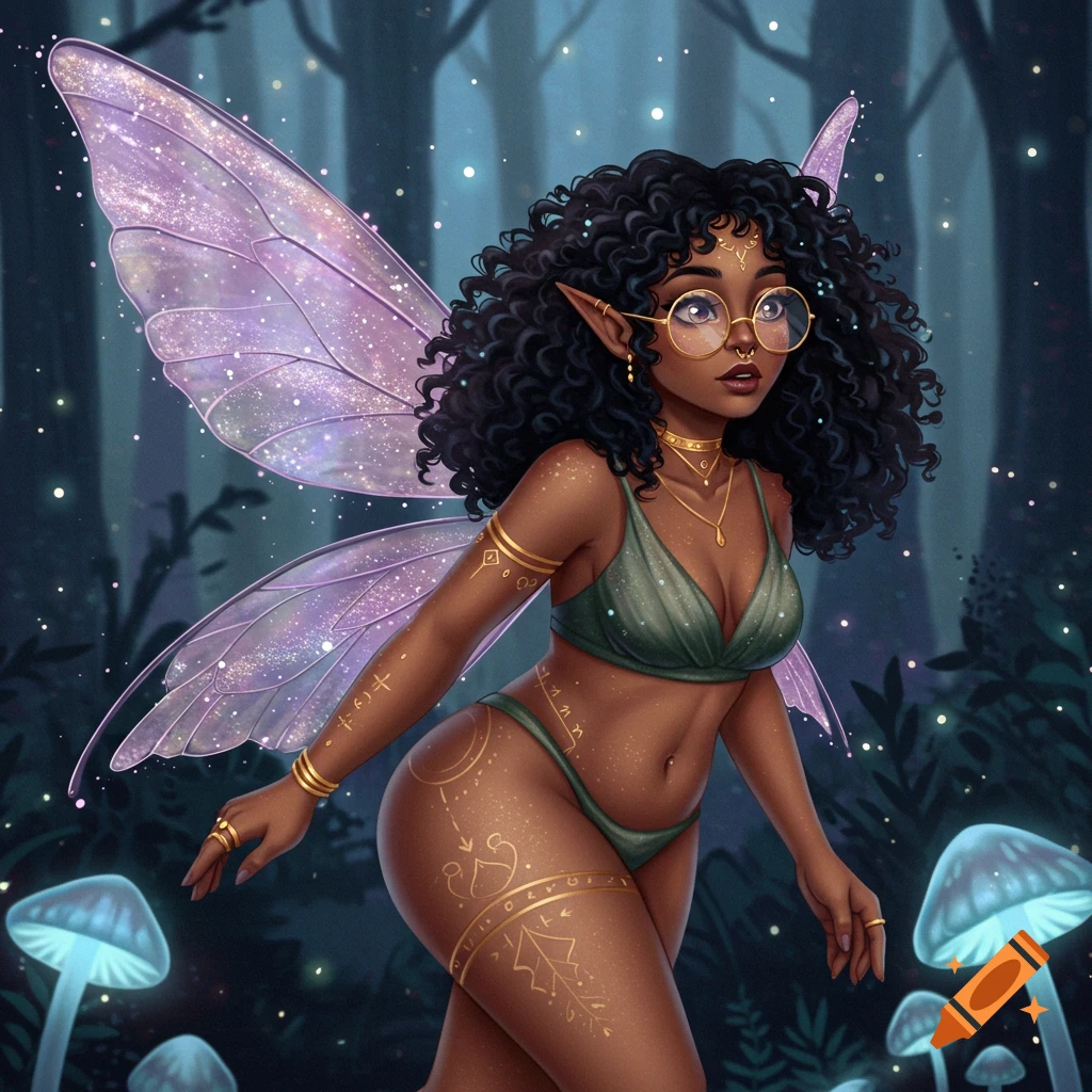 A cute biracial fairy with curly black hair, glasses, and lilac wings, wearing a green bikini and golden tattoos in a dark forest with glowing mushrooms.