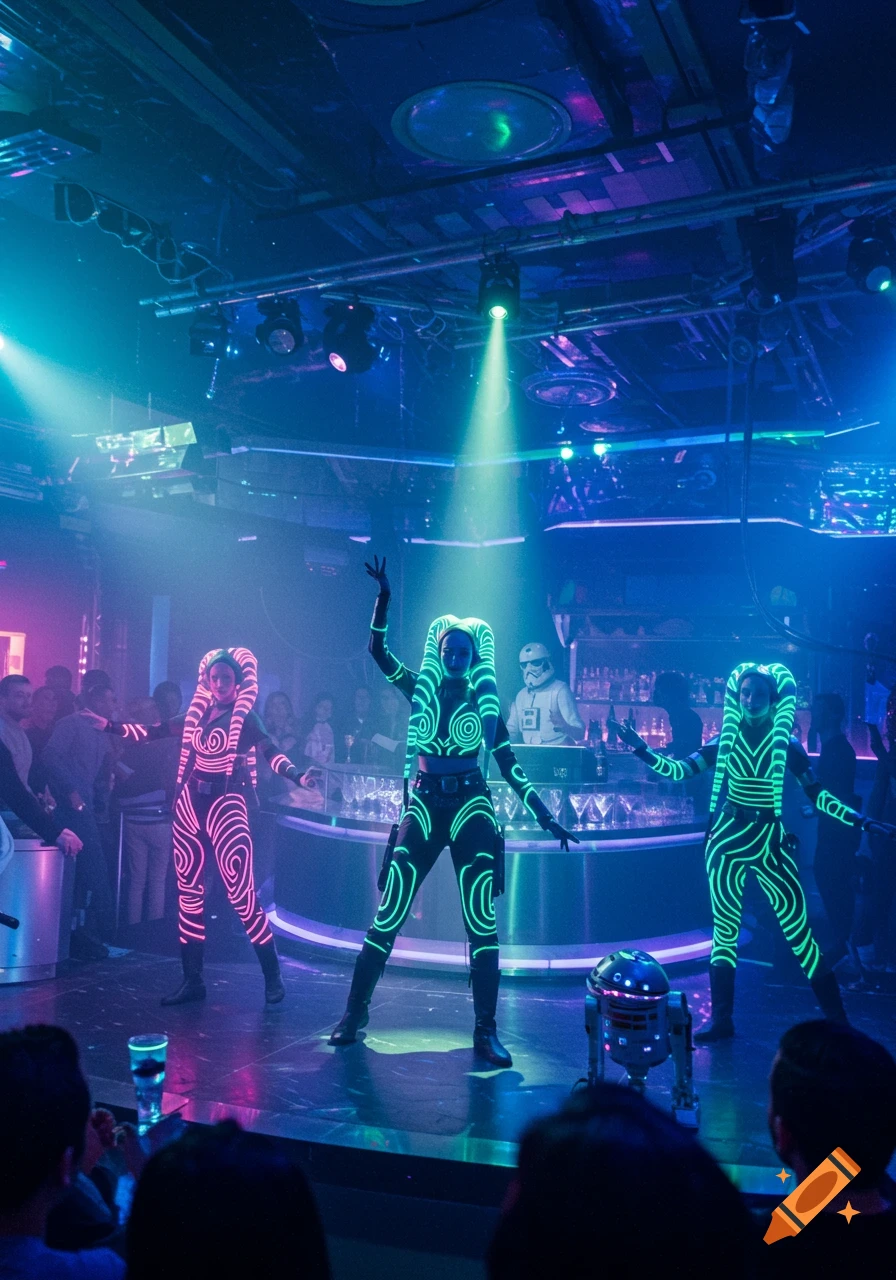 Two Twi'lek dancers in glowing neon suits perform on a stage in a vibrant Star Wars-themed nightclub, with a Stormtrooper DJ.