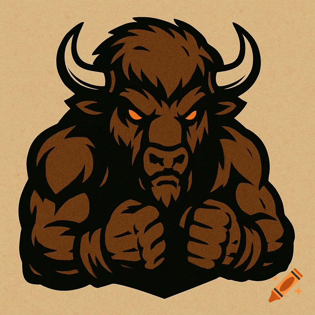 Stylized angry brown bison mascot with glowing orange eyes and powerful fists on a textured beige background.