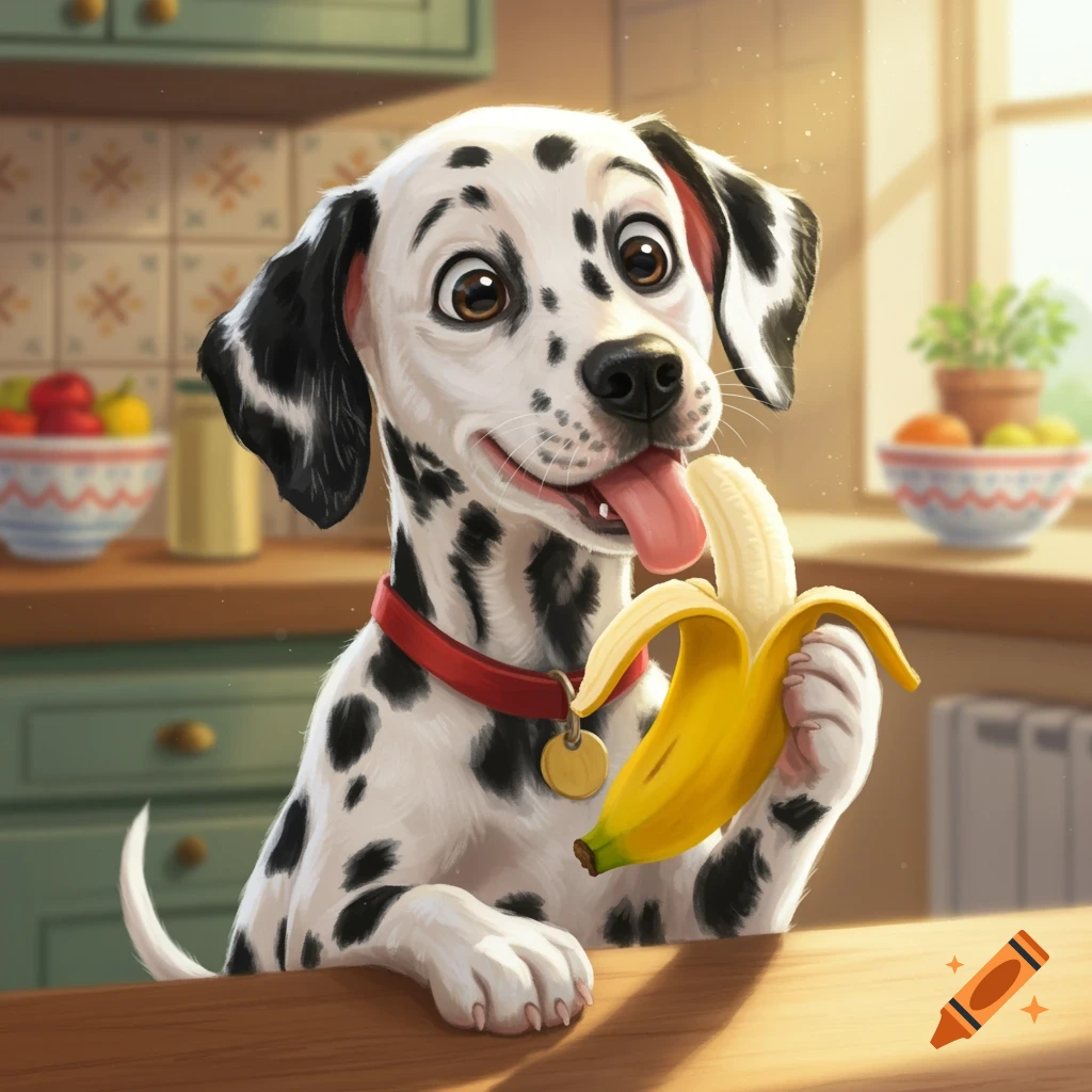 A cute cartoon Dalmatian dog with a red collar happily holding and eating a peeled banana in a sunlit kitchen.