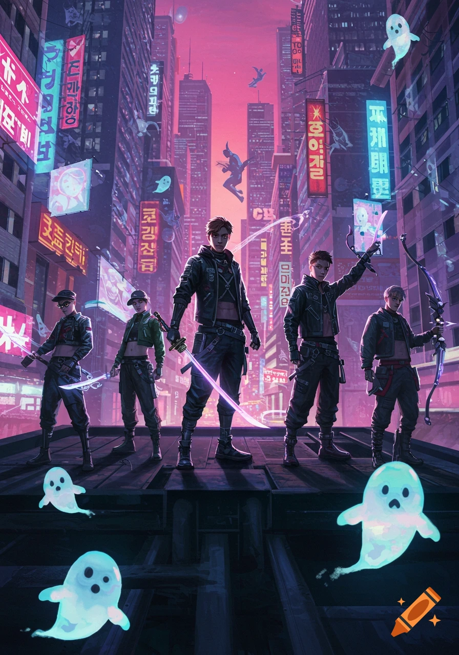 Five male demon hunters with glowing swords and a bow stand on a rooftop in a vibrant neon-lit cyberpunk city at dusk, with floating ghosts.