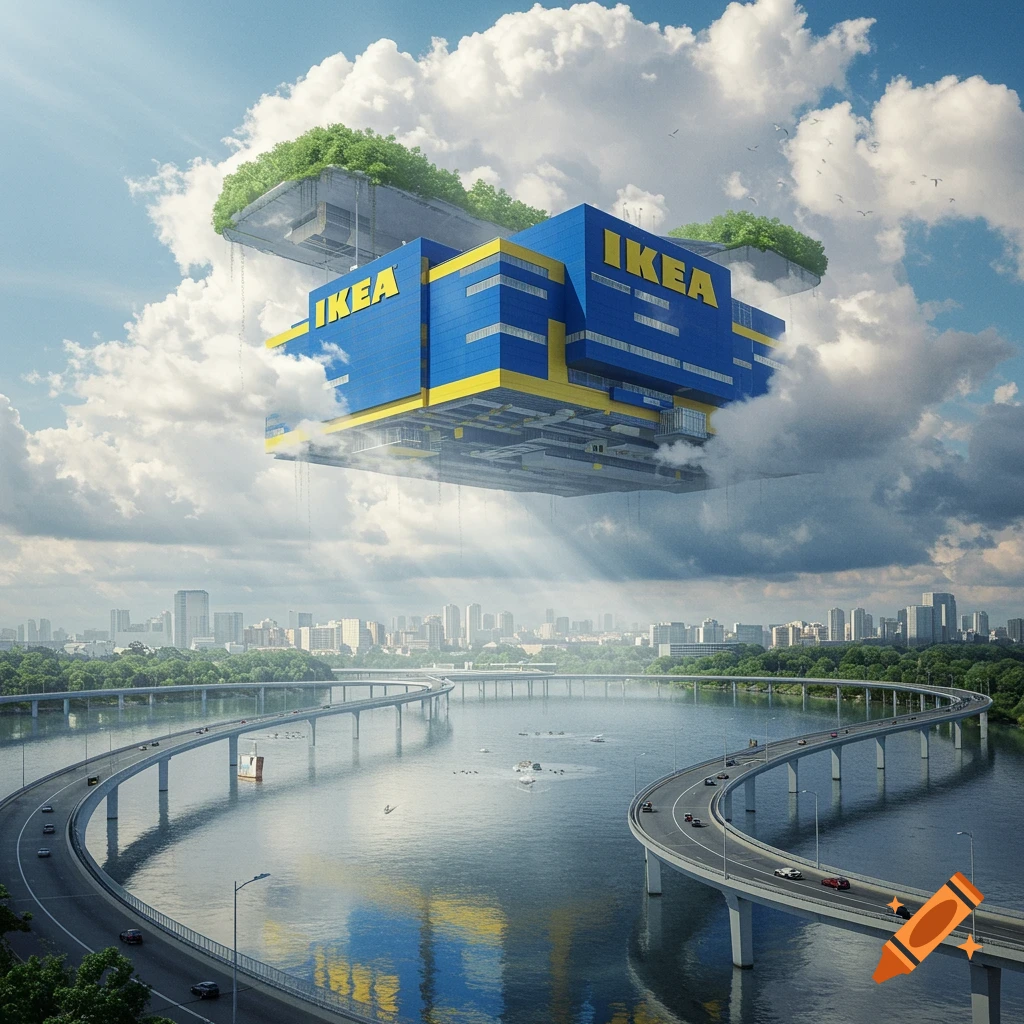 A photorealistic image of a giant blue and yellow IKEA building floating in the sky above a river with winding bridges and a city skyline.
