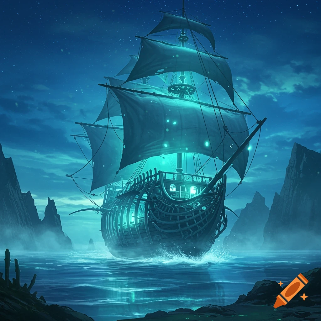 A ghostly, skeletal ship with glowing teal lights sailing on dark waters under a starry night sky, flanked by rocky mountains.