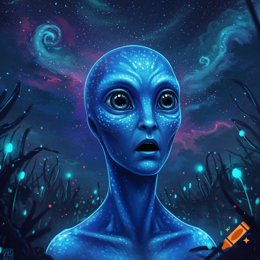 A blue, large-eyed alien looks shocked in a vibrant, starry cosmic landscape with glowing plants.