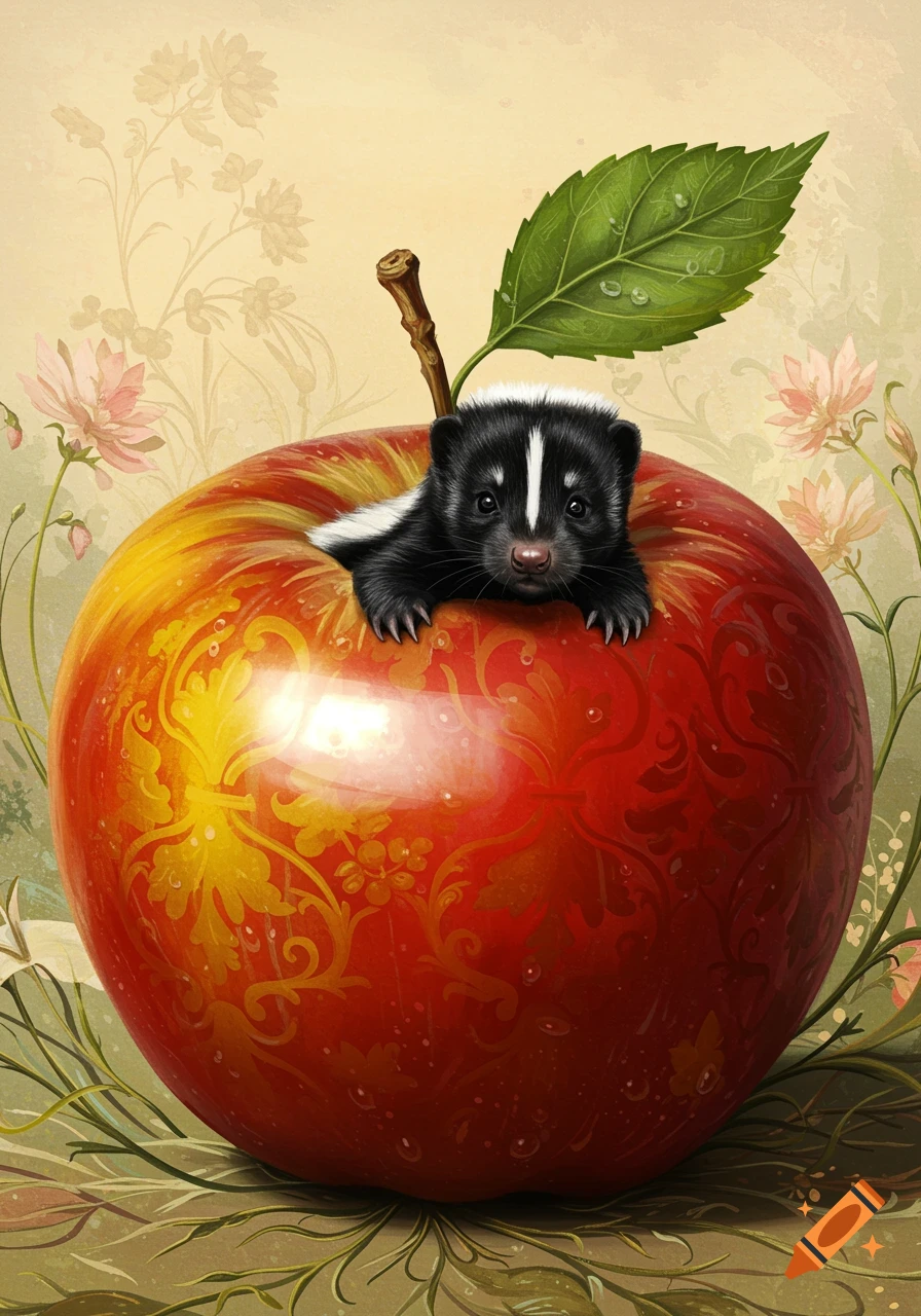A cute baby skunk peeks from a large red apple with golden patterns, against a floral background in an illustrated style.