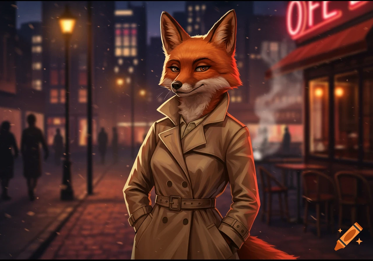 A stylized illustration of an anthropomorphic fox in a trench coat on a snowy city street at night.