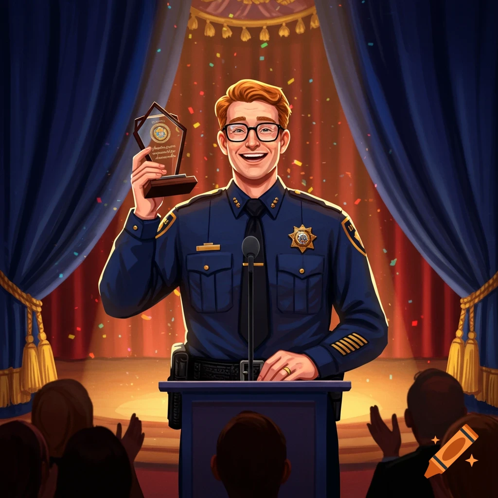 A smiling police officer with black glasses and ginger hair stands on a stage, holding an award. Confetti falls around him as an audience applauds.