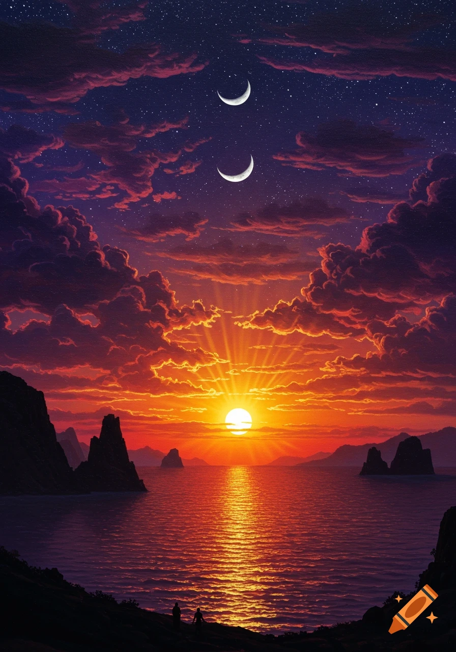 Dramatic vibrant sunset painting with a large sun reflecting on the water, two crescent moons in a starry sky, and dark mountains silhouetted against the colorful clouds.