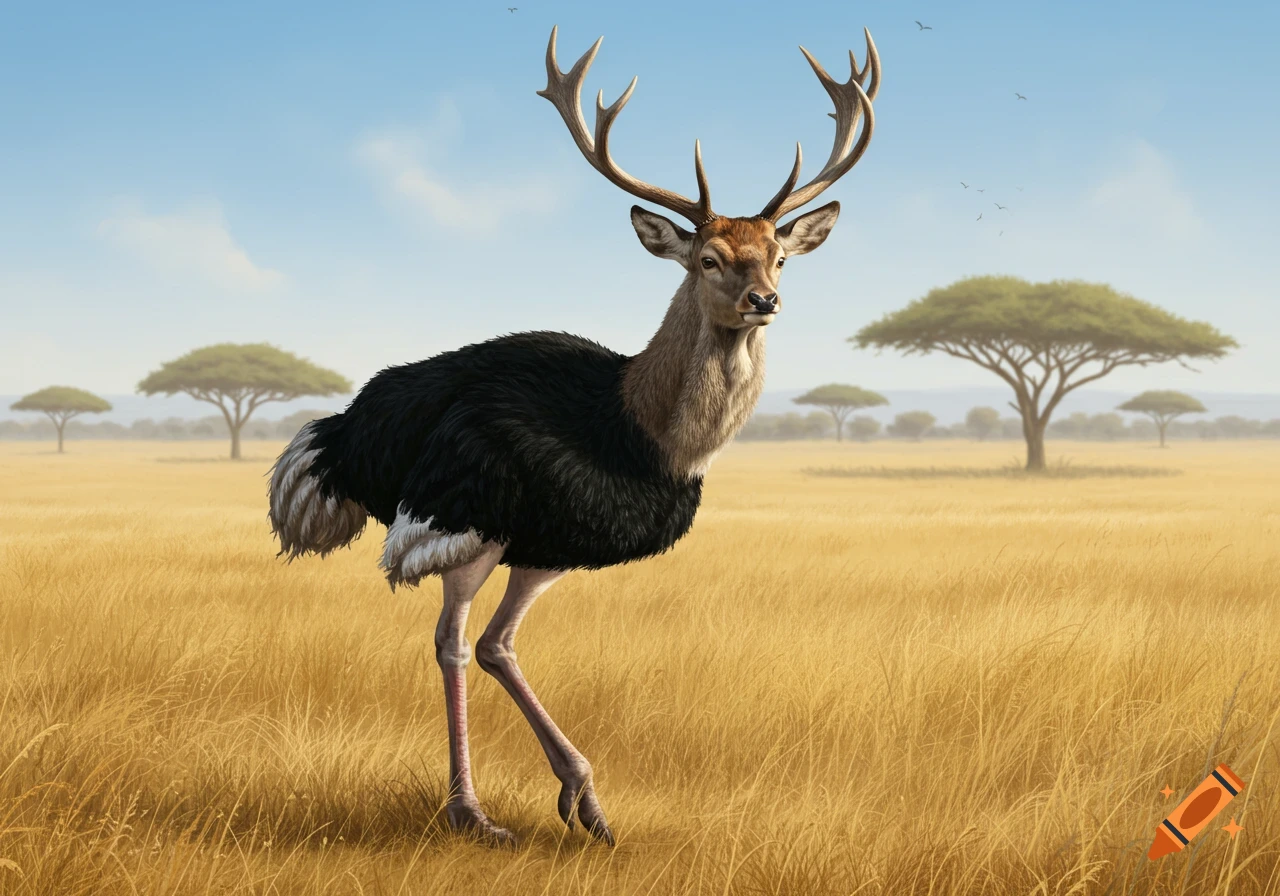 A hybrid creature with an ostrich body and a deer head stands in a sunlit savanna.