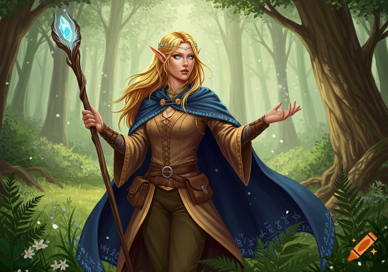A blonde elf wizard with blue eyes, wearing a brown tunic and a blue cloak with runes, holding a glowing staff in a magical forest.