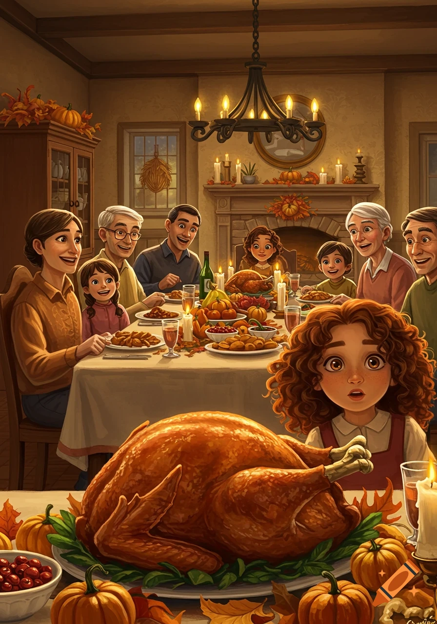 A family gathered around a table with a massive roasted turkey for Thanksgiving dinner, rendered in a warm, illustrative style.