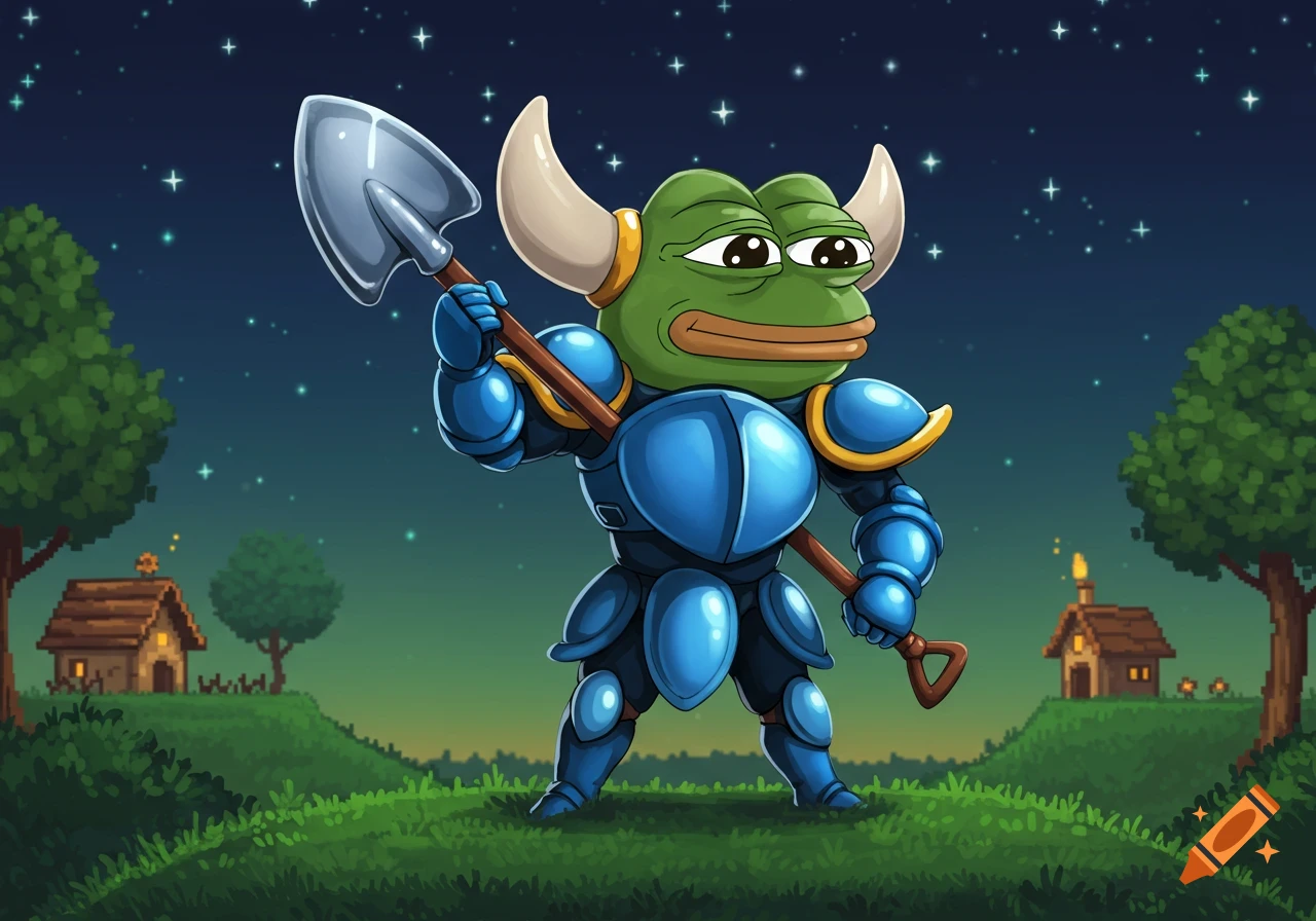 A cartoon frog character wearing blue fantasy armor and holding a shovel stands on a grassy hill with pixel art houses under a starry night sky.