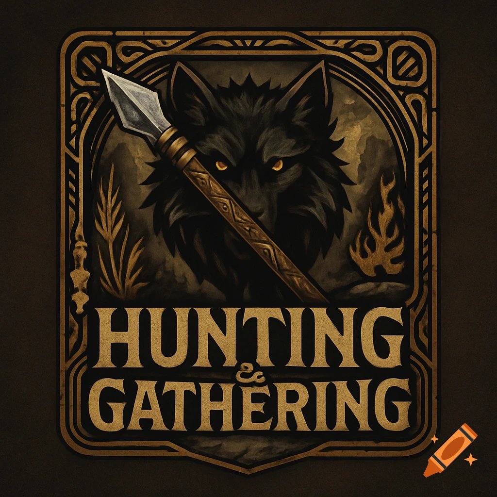 A stylized black wolf with glowing yellow eyes behind a spear, set within an ornate dark gold frame with 'HUNTING & GATHERING' text.