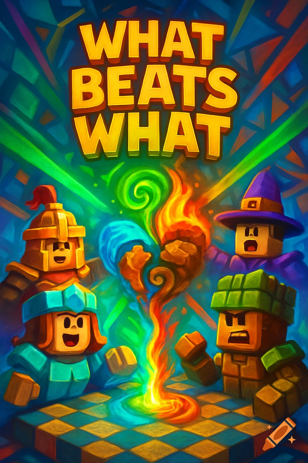 Vibrant Roblox-style game art with blocky characters, wizard, and warrior, around swirling fire and energy on a checkered floor, titled 'WHAT BEATS WHAT'.