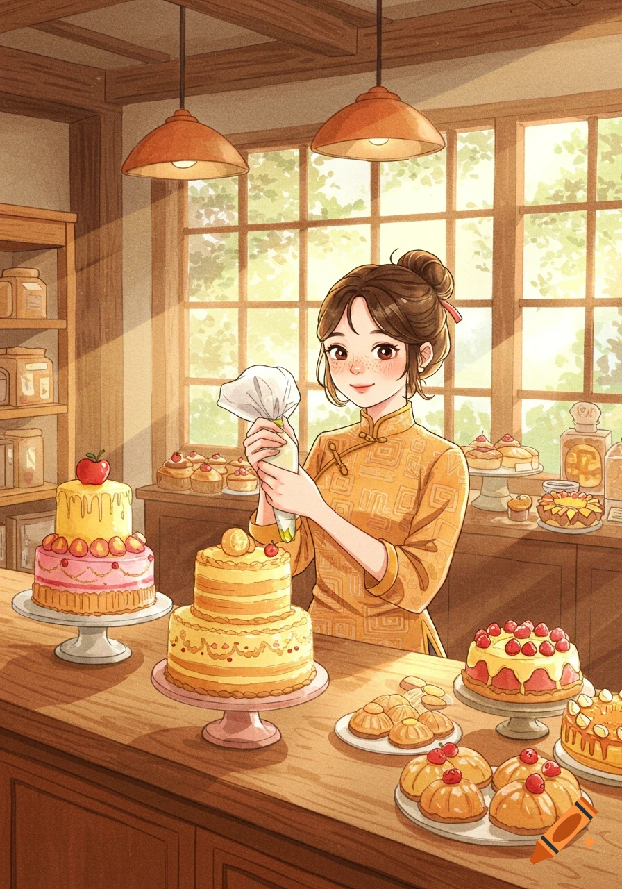 Illustrated young woman with freckles decorates a cake with a piping bag in a sunlit bakery, surrounded by pastries.