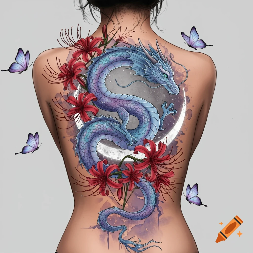 Detailed back tattoo of a blue dragon, red spider lilies, crescent moon, and purple butterflies on a woman's back.