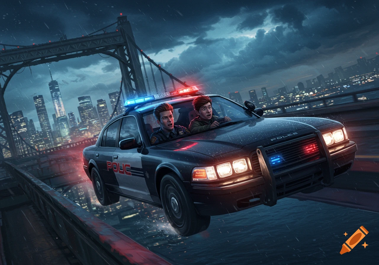 A police car with two men inside is depicted mid-air, flying off a bridge in a rainy city at dusk, with the city skyline in the background. The driver appears panicked, while the passenger laughs nervously.