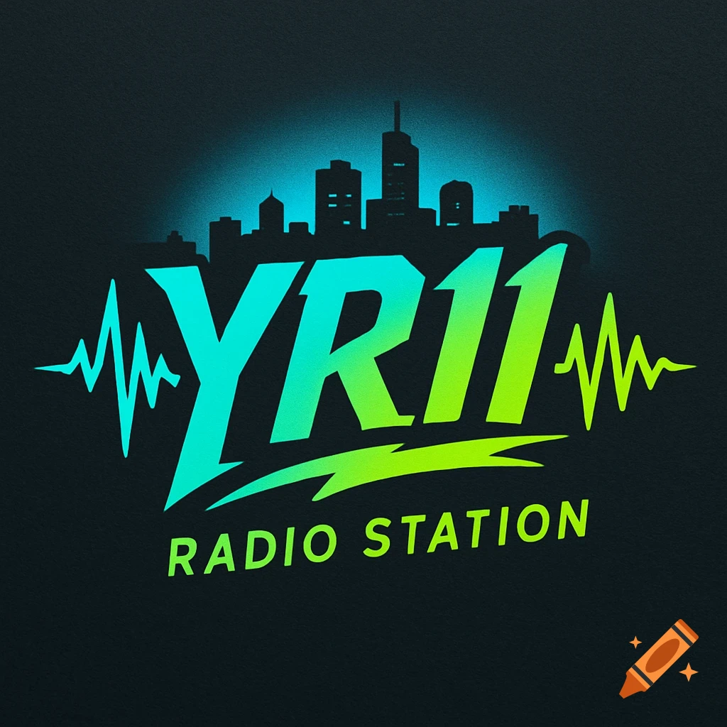 Logo for YR11 Radio Station: city skyline silhouette, "YR11" text in blue-green gradient with sound waves, "RADIO STATION" below.