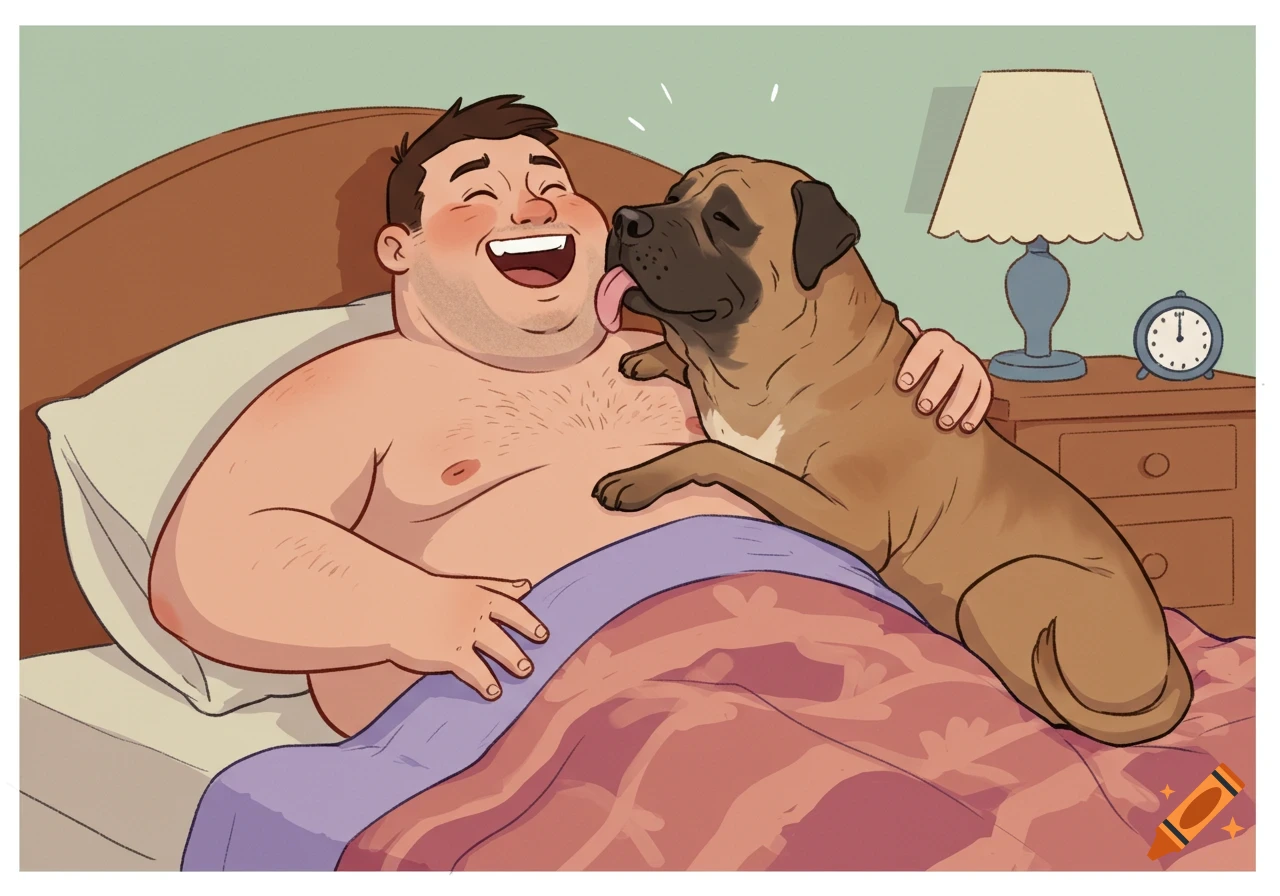 A cartoon of a laughing, shirtless man in bed, being licked on the face by his large Mastiff dog.