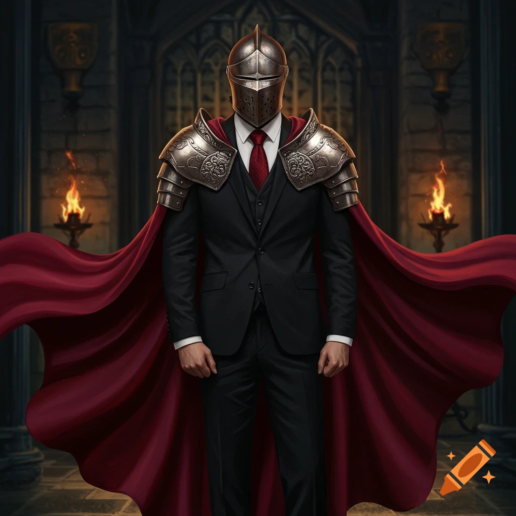 A person wearing a black suit, red tie, knight helmet, shoulder armor, and a red cape stands in a dark castle hall.