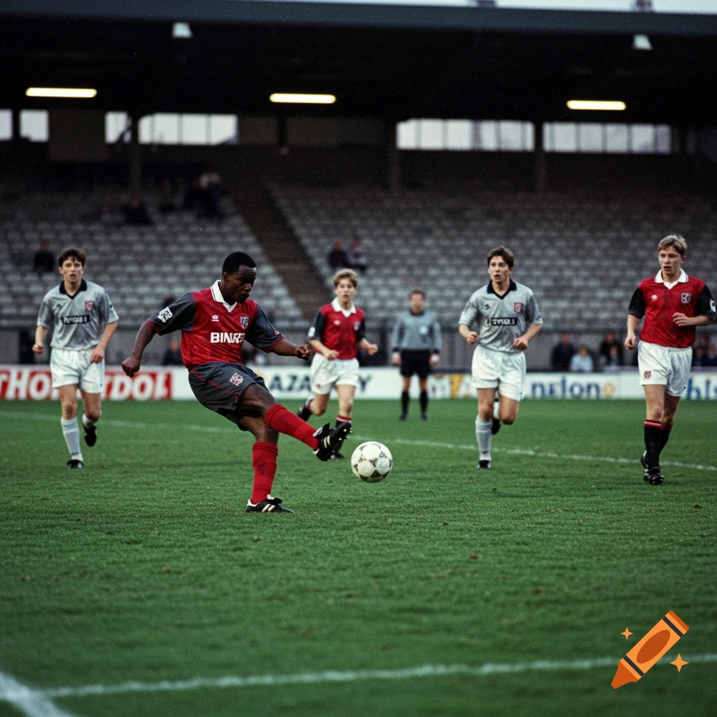 A Black soccer player in a red jersey kicks a ball on a green field during a match, with other players and stadium seats in the background.