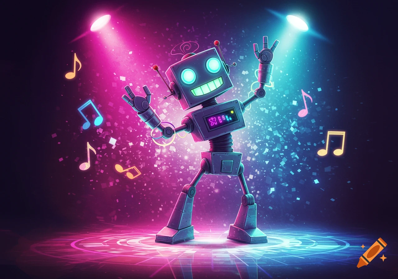 A happy cartoon robot with glowing blue eyes and green smile dances amidst colorful confetti and bright pink and blue spotlights, surrounded by musical notes.
