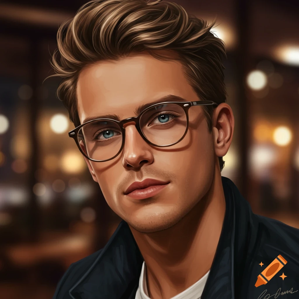 A close-up digital art portrait of a young man with brown hair, blue eyes, and glasses, looking forward.